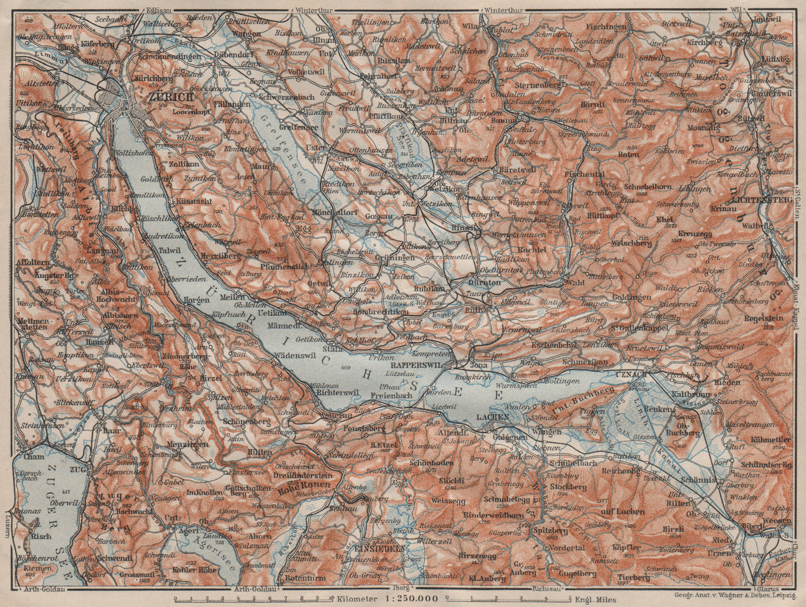 LAKE ZÜRICH. Zuricher See Lachen Utznach.Topo-map. Switzerland Schweiz 1911